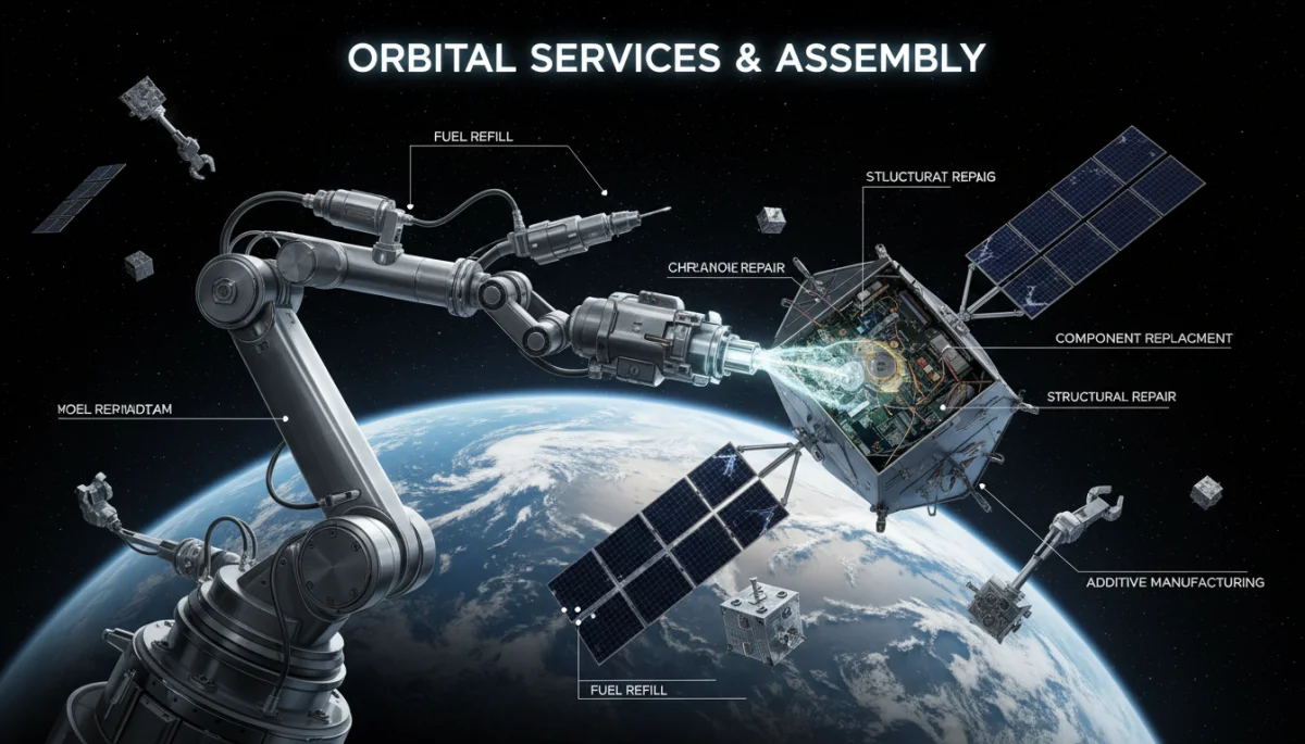 Robotic arm servicing satellite in Earth orbit, representing in-orbit services