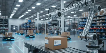 Robotic arm in a US warehouse, optimizing logistics operations