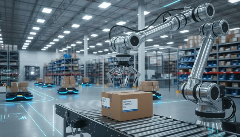 Robotic arm in a US warehouse, optimizing logistics operations