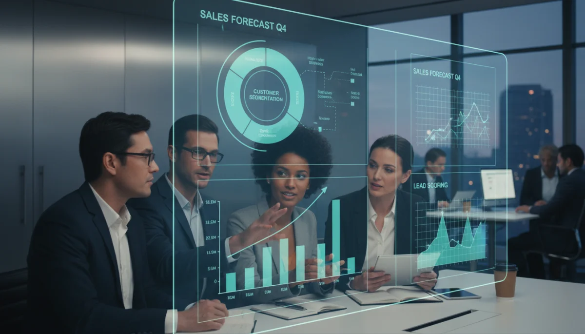 Sales team collaborating on predictive analytics data for strategic planning