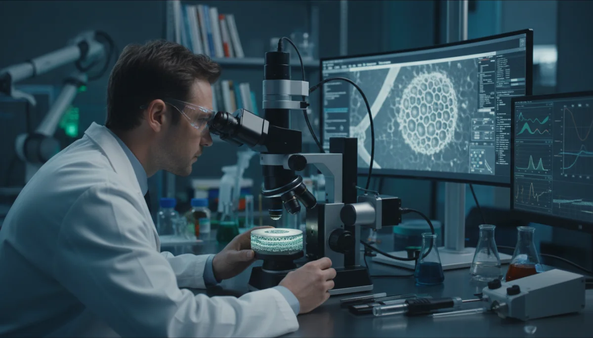 Scientist examining novel composite material for manufacturing