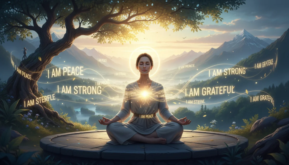 Serene individual meditating, surrounded by soft light, representing the peaceful and reflective power of daily positive affirmations.