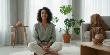 Serene person practicing self-compassion in a calm living room
