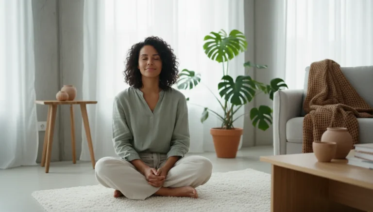 Serene person practicing self-compassion in a calm living room