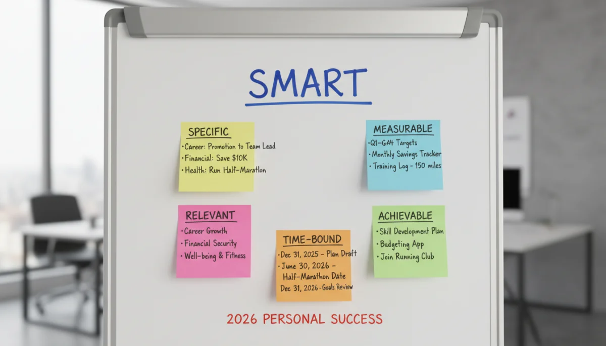 Whiteboard illustrating SMART goal-setting framework with sticky notes for 2026 personal success