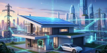 Smart home connected to a futuristic energy grid with solar panels and electric vehicle charging