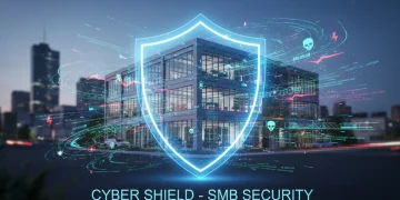 Digital shield protecting a small business office from cyber threats, representing robust cybersecurity for SMBs.