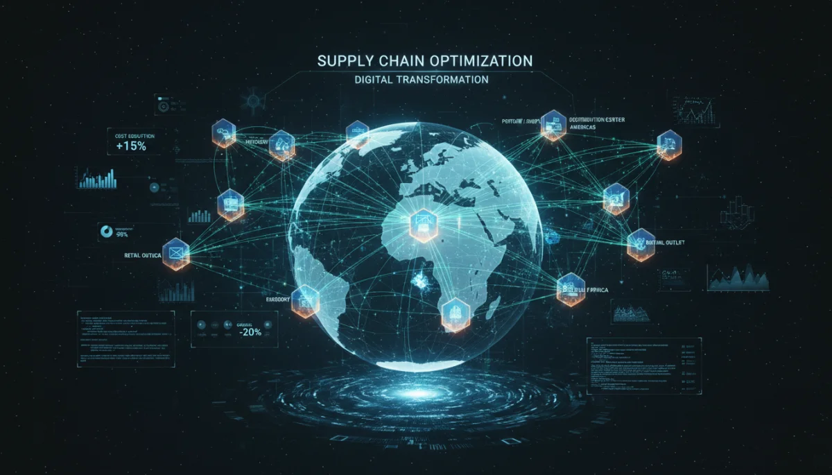 Digital network representing optimized supply chains and business digital transformation.
