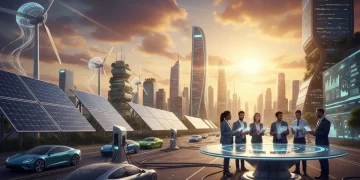Diverse investors analyzing sustainable tech data with renewable energy backdrop
