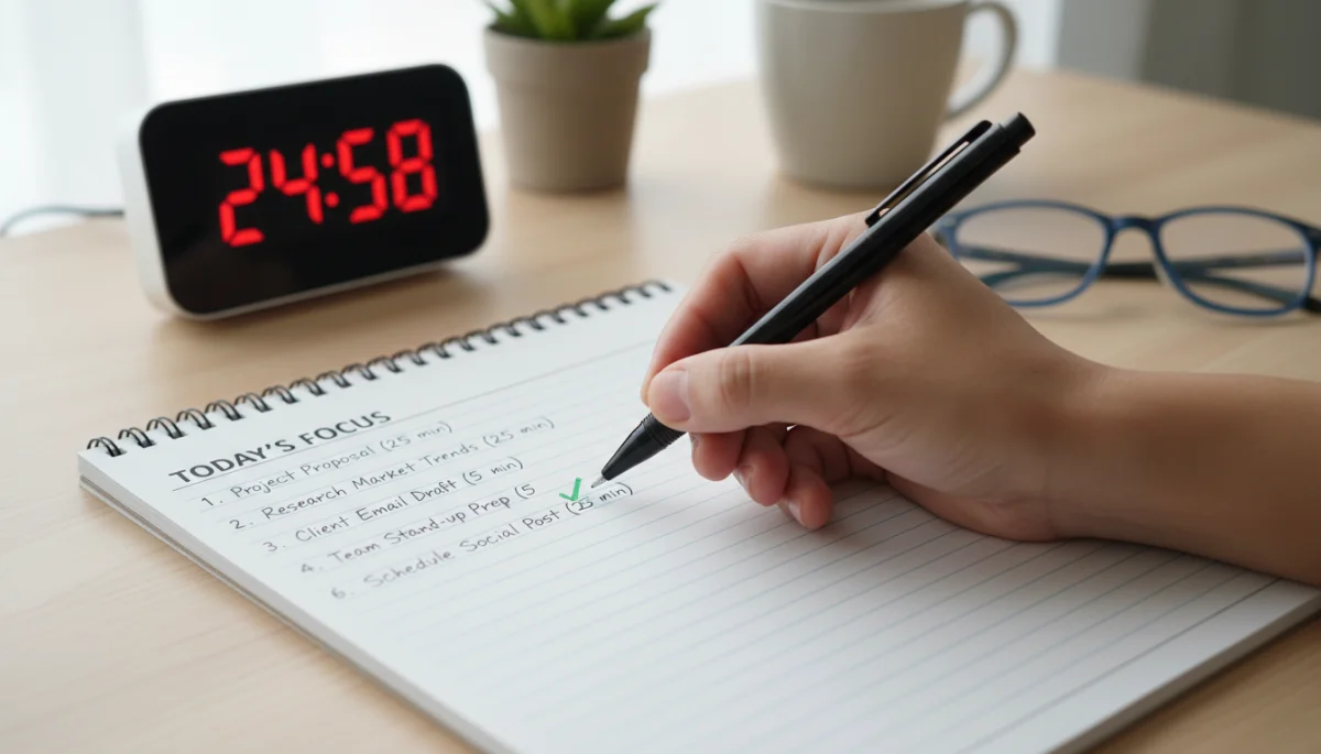 Hand writing on a notepad, illustrating task management and time blocking for productivity.