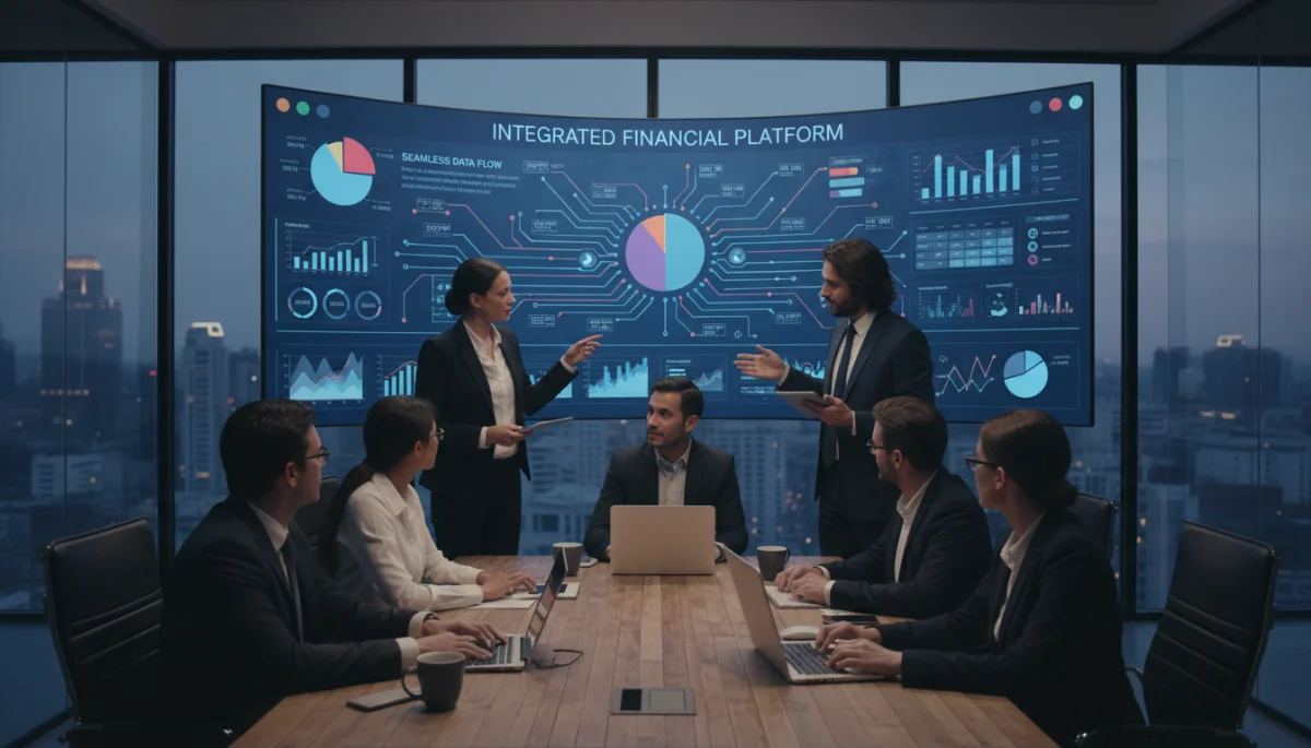 Team collaborating with integrated financial software for reporting