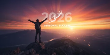 Triumphant person on mountain peak at sunrise, celebrating personal success in 2026