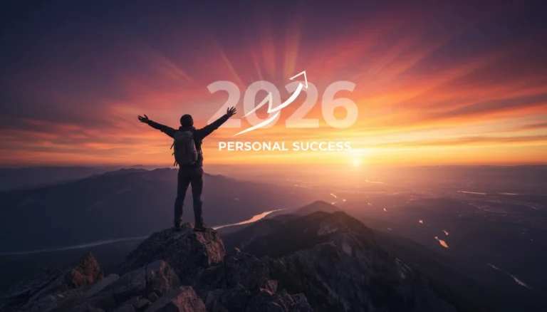 Triumphant person on mountain peak at sunrise, celebrating personal success in 2026