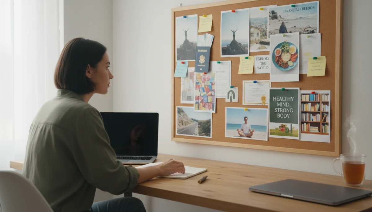 Person contemplating a vision board for 2026 personal goals and breakthroughs.