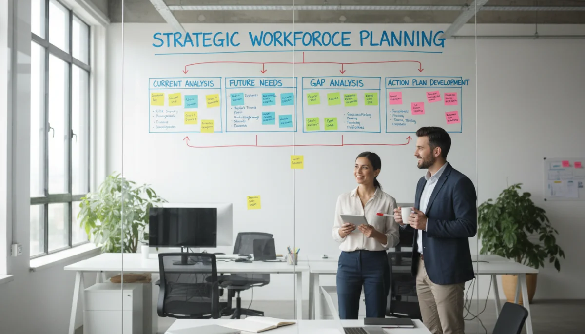 Visualizing strategic workforce planning steps on a whiteboard